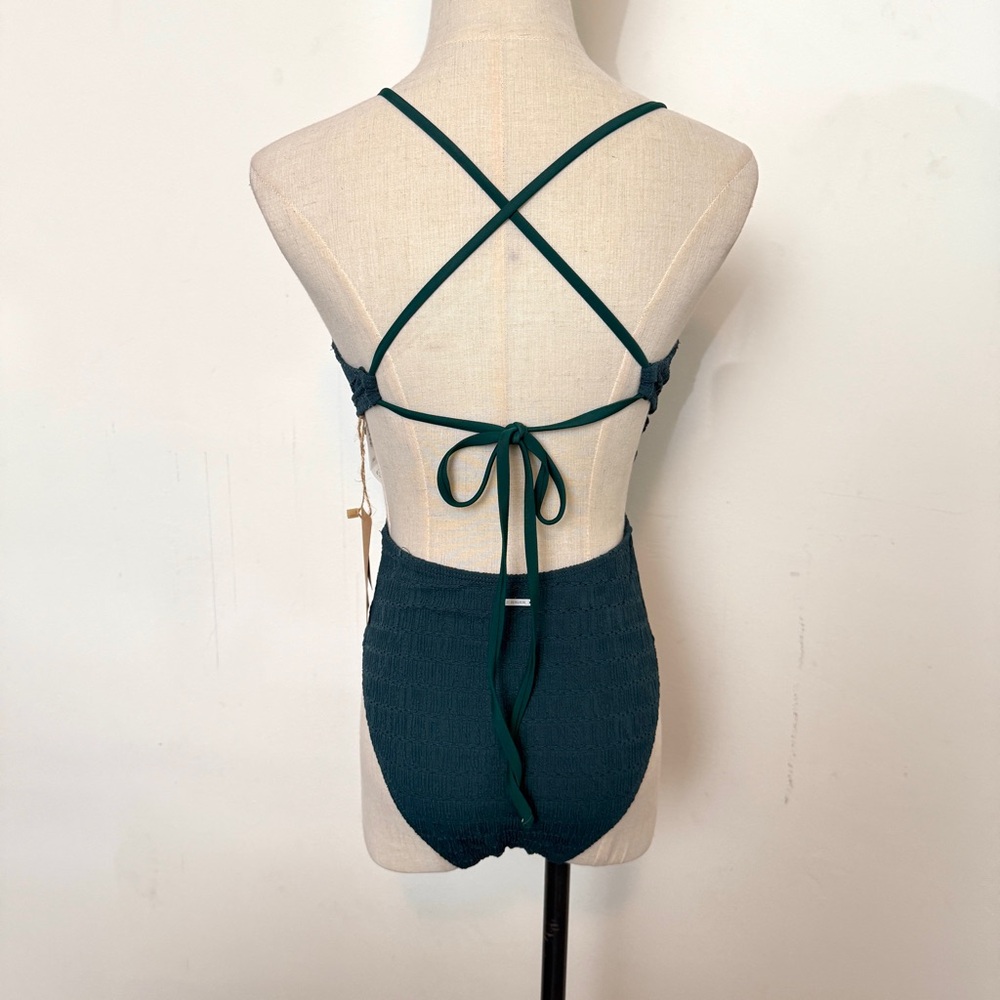 Berlook Dark Green Textured Plunge One-Piece Swimsuit - Picture 9 of 9